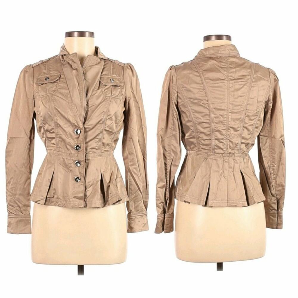 Tan Military Style Peplum Jacket Womens Button Front Fitted Jacket Size 0 XS XXS